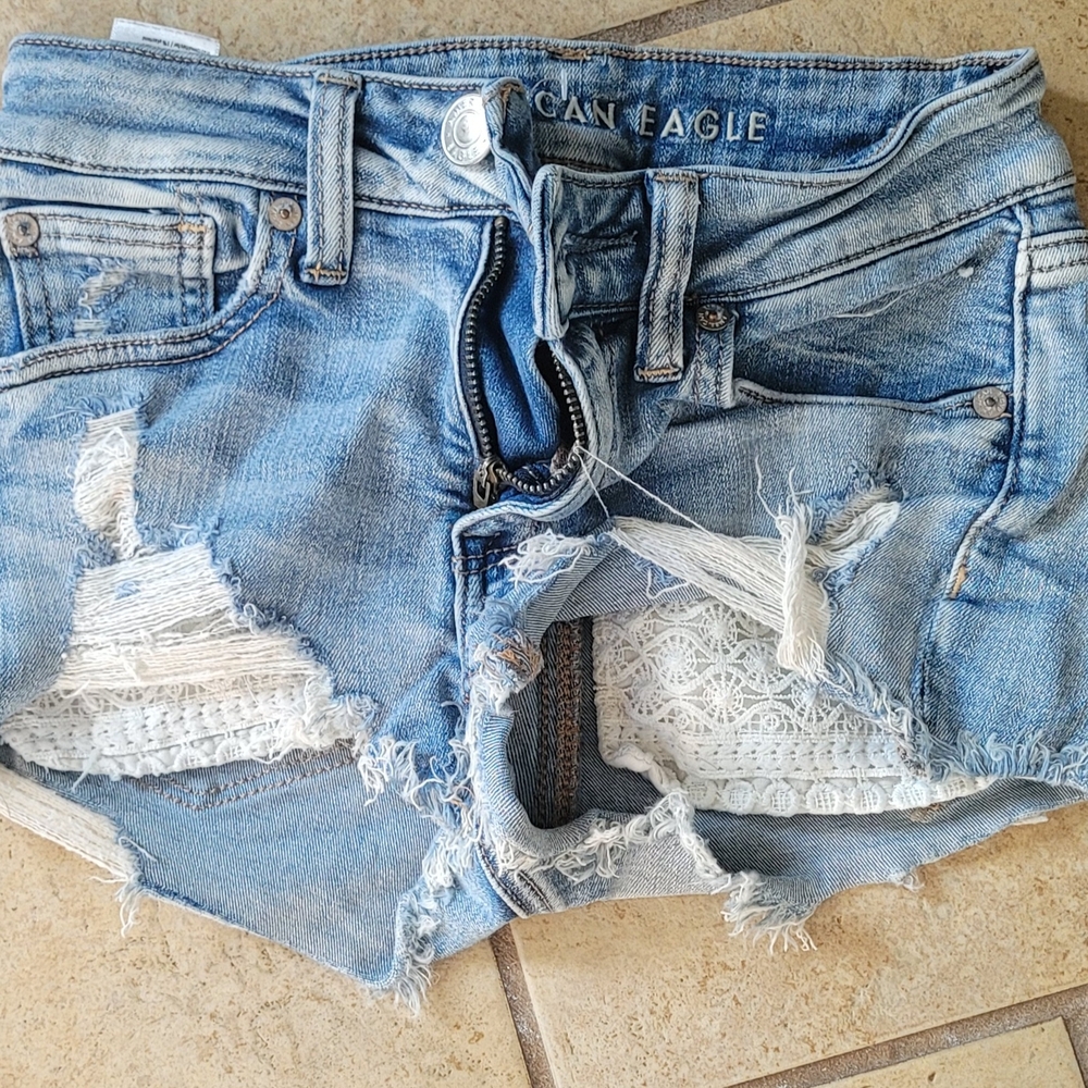 American Eagle Outfitters Women's Light Blue Distressed Jean Shorts